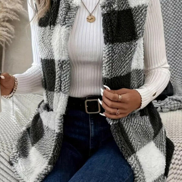Black Sherpa Plaid Open Front Vest Coat