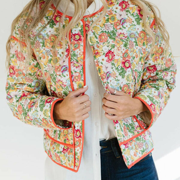 Orange-Red Floral Button-Up Winter Coat